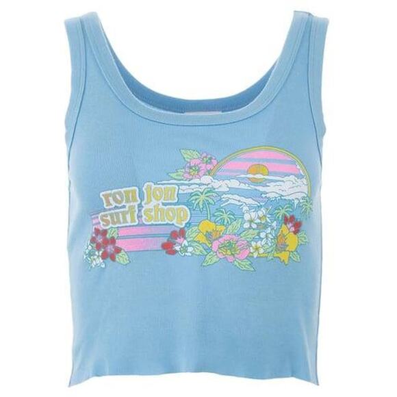 Ron Jon Surf Shop Crop Tank Top Blue Ribbed Retro Flowers Y2K Fit Medium - Picture 1 of 6